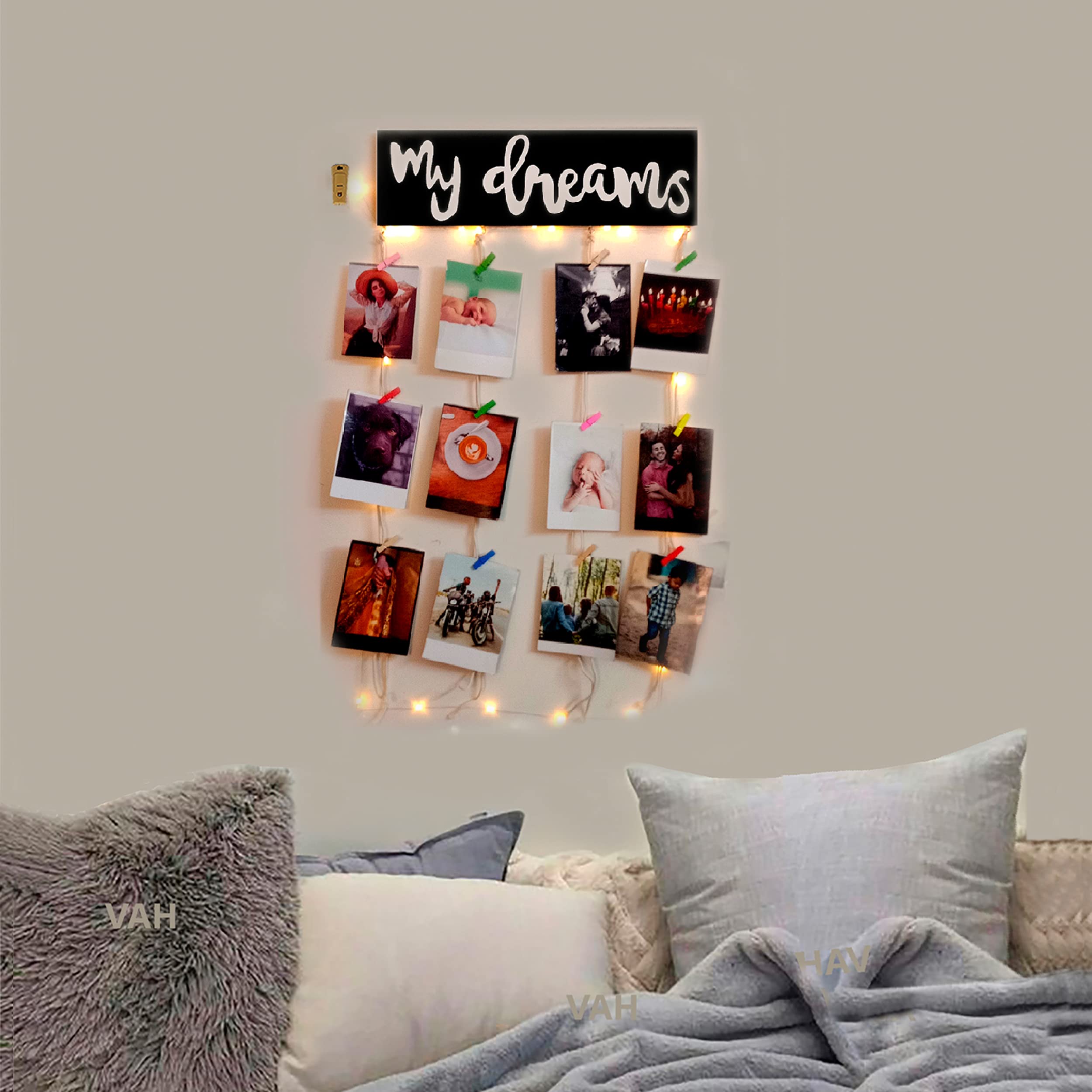Vah Wooden Photo Frame With Led Light - Display Picture Collage Organizer With Clips (My Dream With Light)